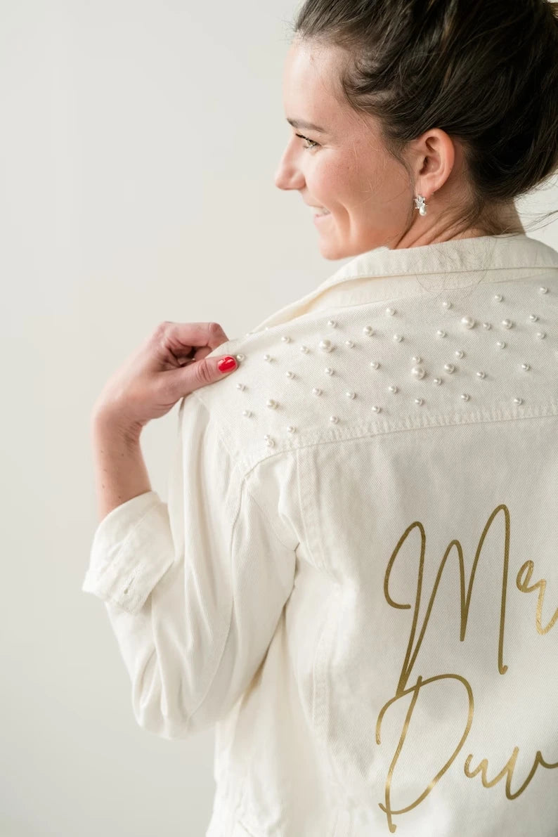 Personalized Mrs. Jacket Pearl Personalized Bride White Denim Jacket Mrs. Jackets Bachelorette Party Wedding Shower Custom Coats