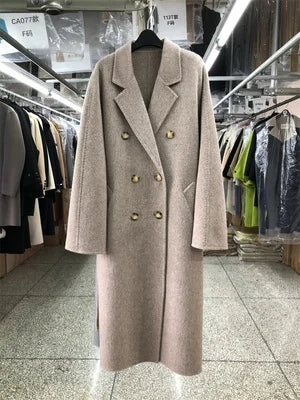 High-end 100% Wool Double-sided Coat Long Women Loose Double-breasted Long Sleeve Lace-up Solid Real Wool Jacket Autumn Winter