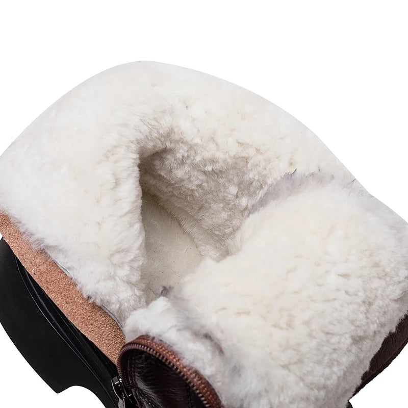 DRKANOL British Style Women Winter Warm Shearling Boots Natural Wool Cow Leather Thick Heel Platform Casual Retro Ankle Boots