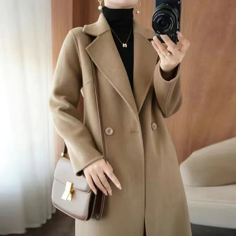 2024 Autumn 100% Double Sided Cashmere Coat Women's Winter New Slim Temperament Wool Coats Solid Casual Female Long Overcoat