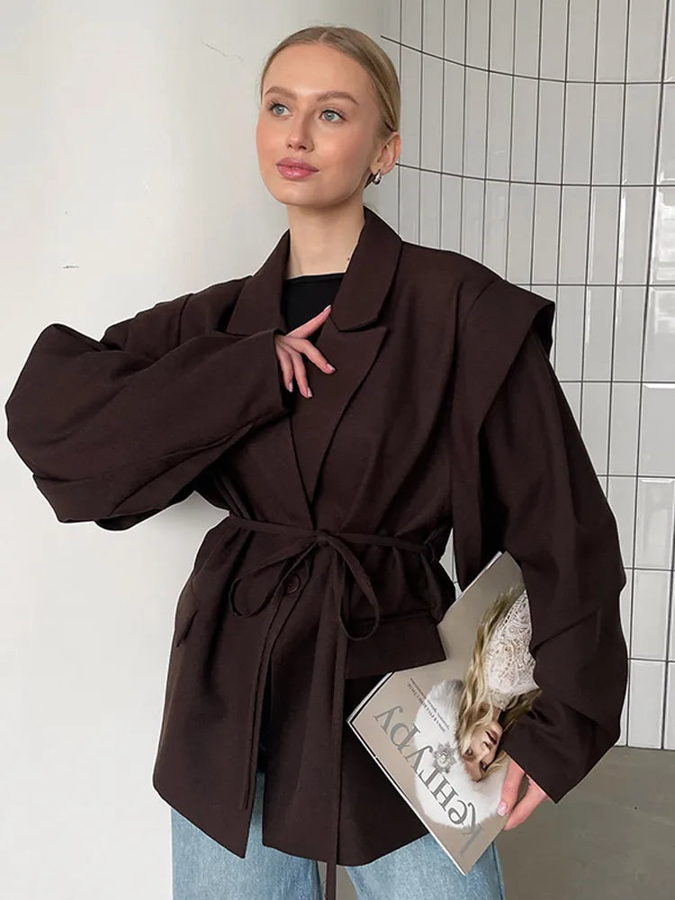 Retro Solid Leather Lapel Jackets Women's Fashion Shoulder Pad Full Sleeve One Button Pocket Coat Autumn New High Street Outwear
