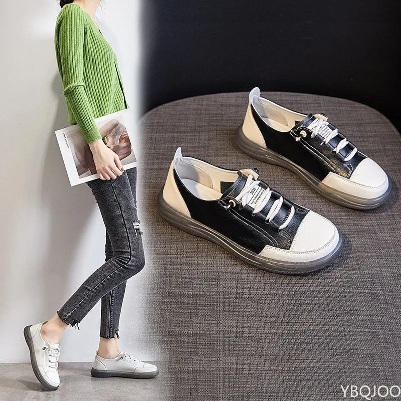 Genuine Leather Women's Flat Sneakers Large Size 35-41 Autumn Vulcanized Shoes Ladies Casual Shoes Comfortable Flats