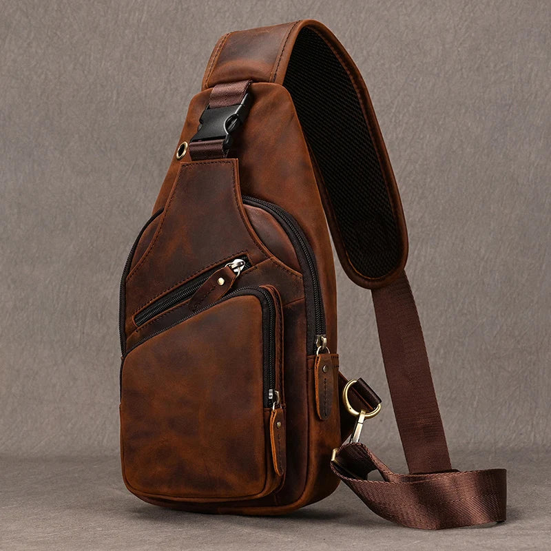 New Fashion Men's Chest Bag Single Shoulder Bagpack Bag Crossbody Chest Pack Vintage Style Male Travel Bags Genuine Leather Hot