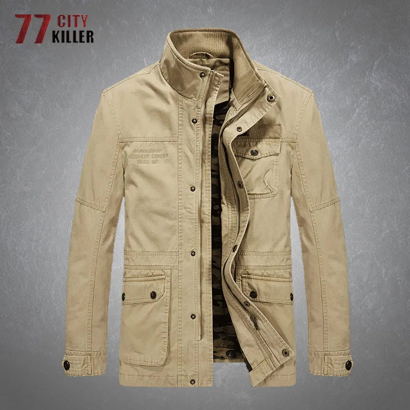 Spring Autumn Men's Military Cargo Jackets Casual 100% Cotton Multi-pocket Stand Collar Loose Mid-length Coats Male Big Size 6XL