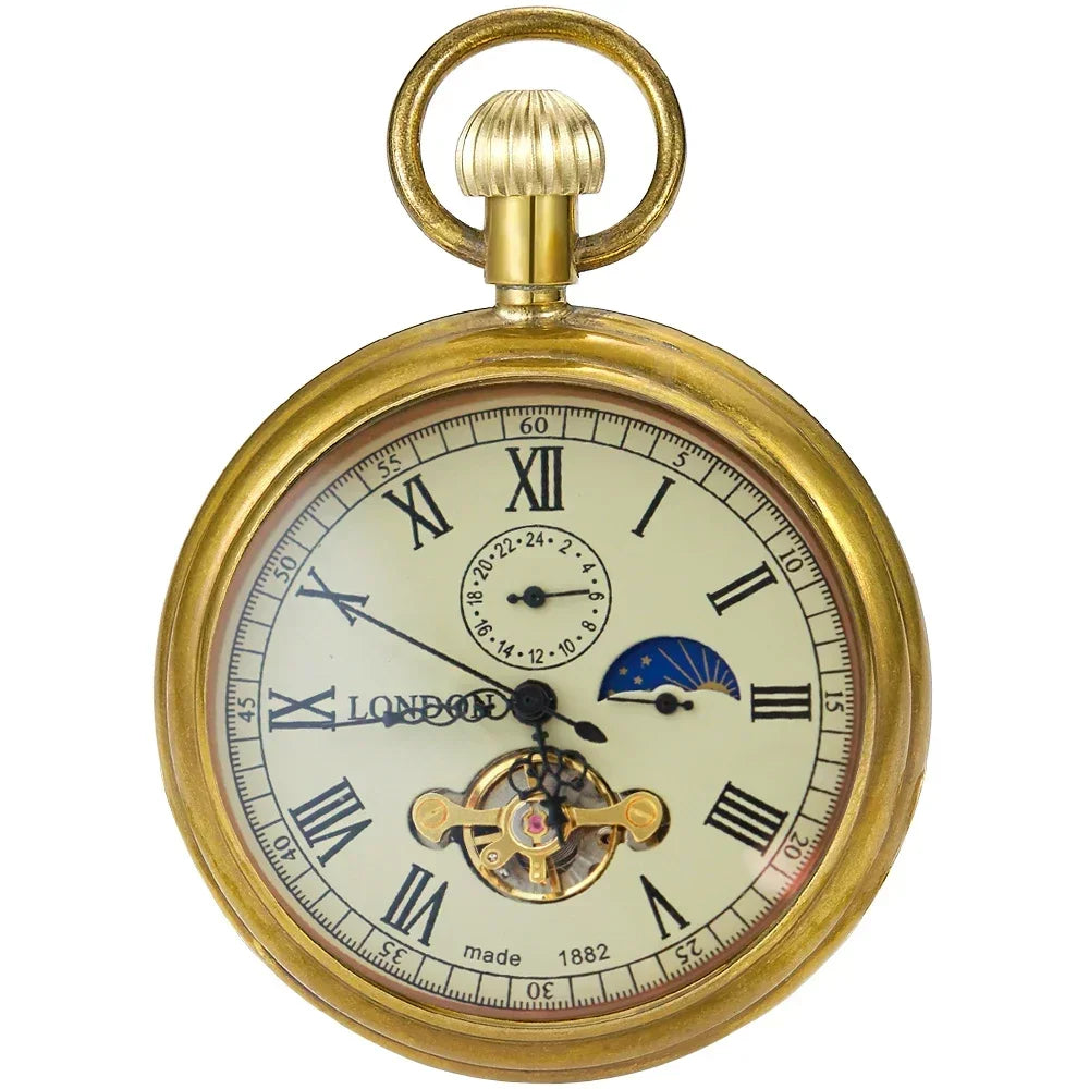 NEW Luxury golden Pure copper Mechanical Pocket Watch Roman Numerals Moon-phase Pocket Clock with Chain