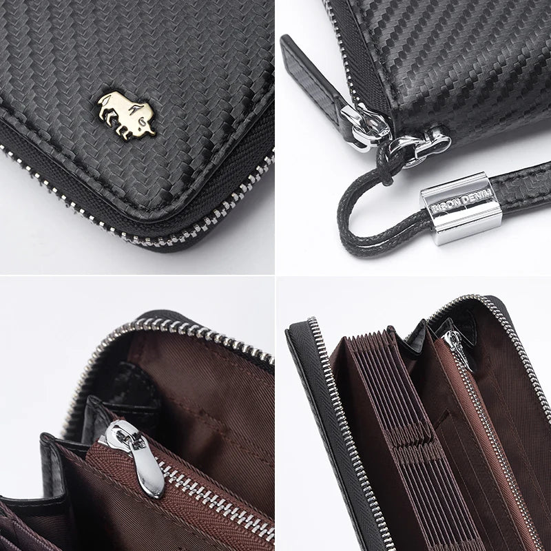 BISON DENIM New Designer Men's Long Wallet High Quality Carbon Fiber Purse RFID Blocking Bill Card Holder Large Capacity Wallet