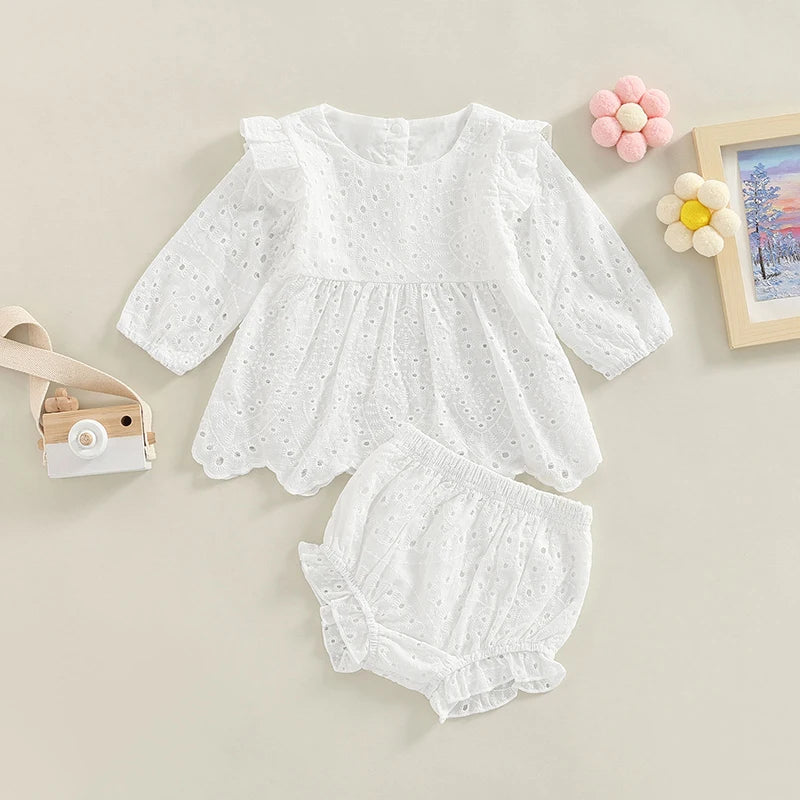 FOCUSNORM 2 Colors Princess Baby Girls Autumn Clothes Sets 0-24M Flowers Hollow Out Ruffles Long Sleeve Dress Tops+Shorts