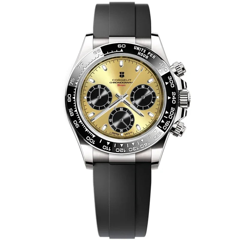 CORGEUT VK63 High Luxury Quartz Movement Silica Gel Sports Men's Watches Sapphire Flat Mirror Watch for Man Run Seconds