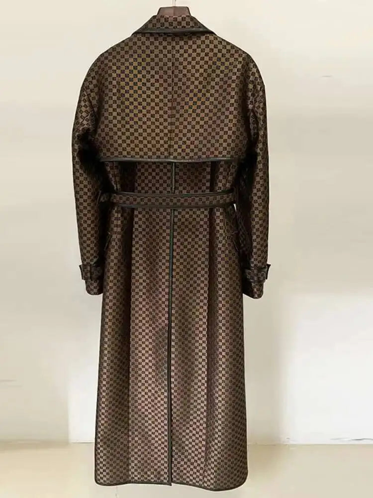 IEQJ Women's Belt Jacquard Maze Pattern Extended Windbreaker Polka Dot 2025 Winter New Turndown-collar Femal Overcoat 3WM3792