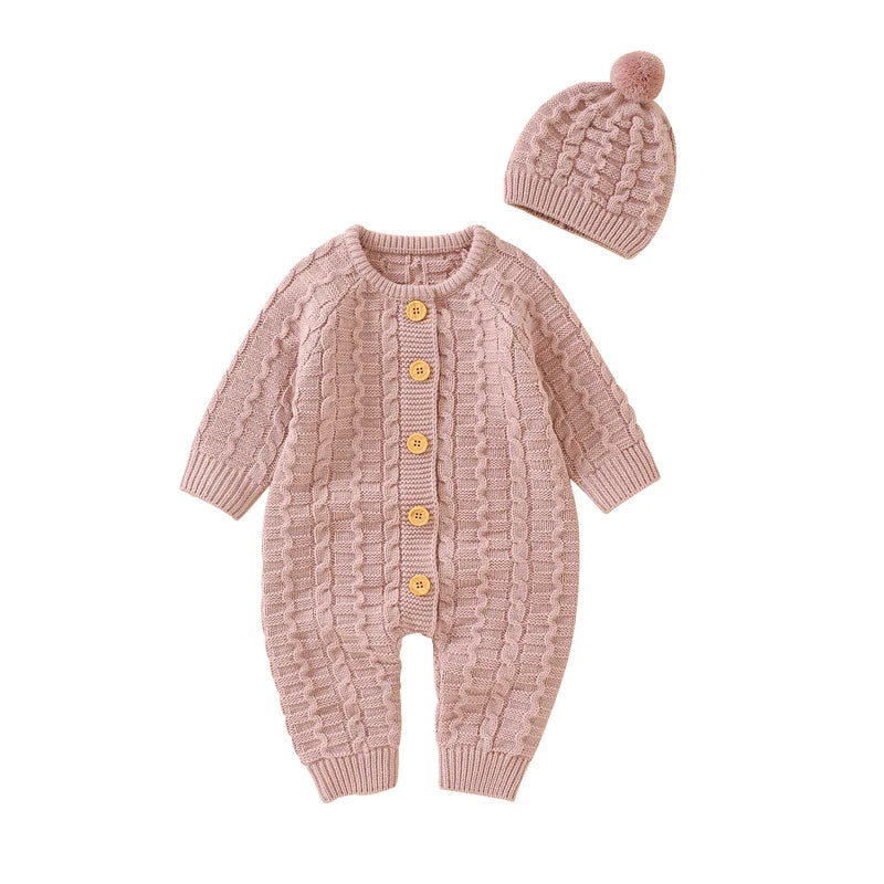 Winter Baby Rompers Clothes Solid Long Sleeve Knitted Newborn Boys Girls Jumpsuits Hats Outfits Sets 0-18m Autumn Infant Costume