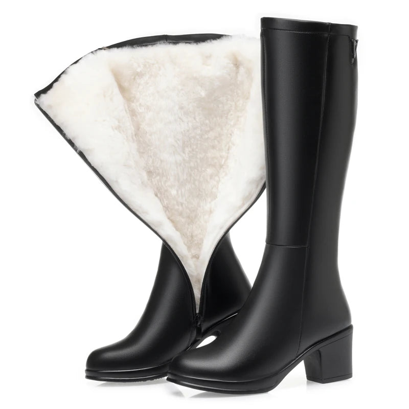 AIYUQI  Women Knight Boots Genuine Leather 2025 New Wool Warm Women Winter Boots Round Toe High Heels Fashion Women Long Boots