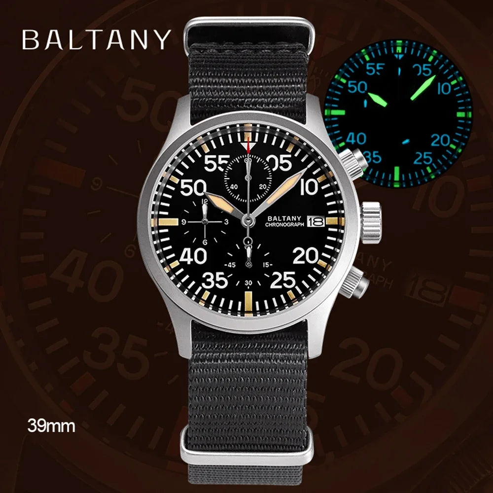 Baltany Military Watch Men 39mm Vintage Pilot Watch VK67 Chronograph Quartz Wristwatches Retro Style Air Force Luminous Clocks