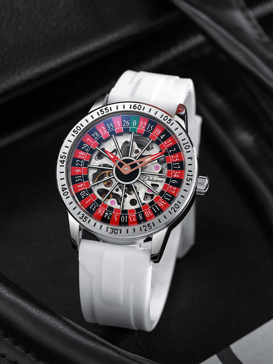 DULUNWE Men's Automatic Watch Luxury Rotating Roulette Mechanical Skeleton 30M Waterproof