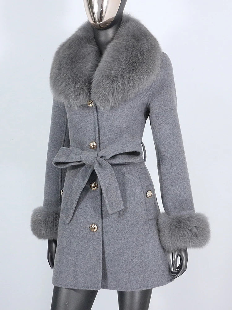2022 Winter Jacket Women Real Fur Coat Natural Fox Fur Collar Cuffs Belt Cashmere Wool Woolen Warm Outerwear Fashion Streetwear