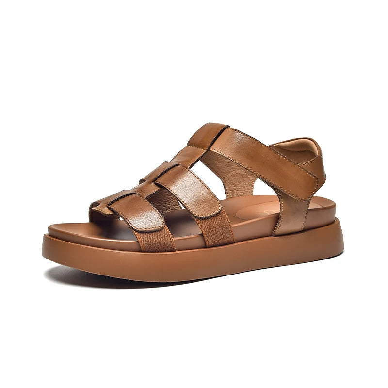 BEAUTODAY Gladiator Sandals Women Genuine Cow Leather Flats Open Toe Ankle Strap Summer Casual Ladies Platform Shoes 34560