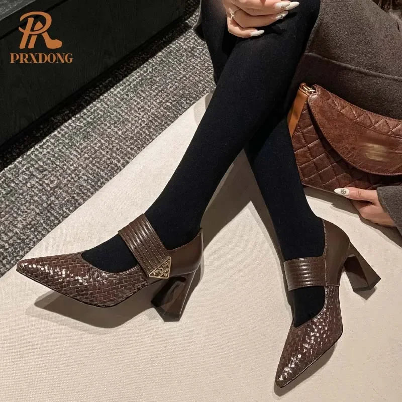 PRXDONG Genuine Leather Women Pumps 2025 New Spring Summer High Heels Pointed toe Black Brown Dress Party Female Shoes Size 40
