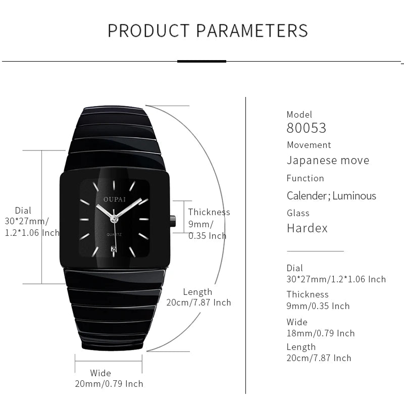 Oupai rectangular black ceramic quartz watch tonneau type watch luminous business simple luxury watch men