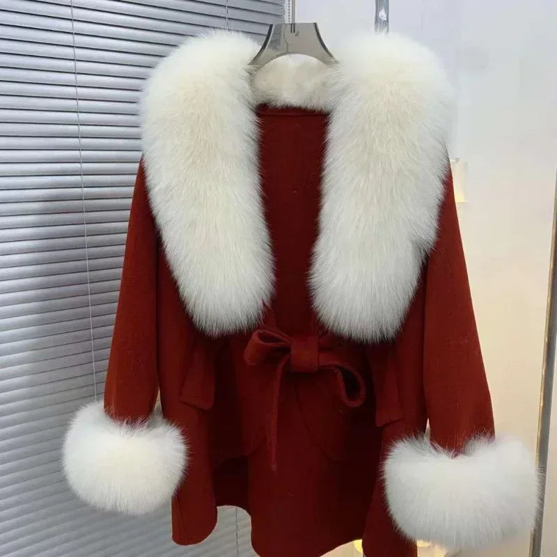 2023 Cashmere Wool Blends Coat Winter Autumn Women Jacket Real Fox Fur Collar Loose Thick Warm Outerwear Streetwear