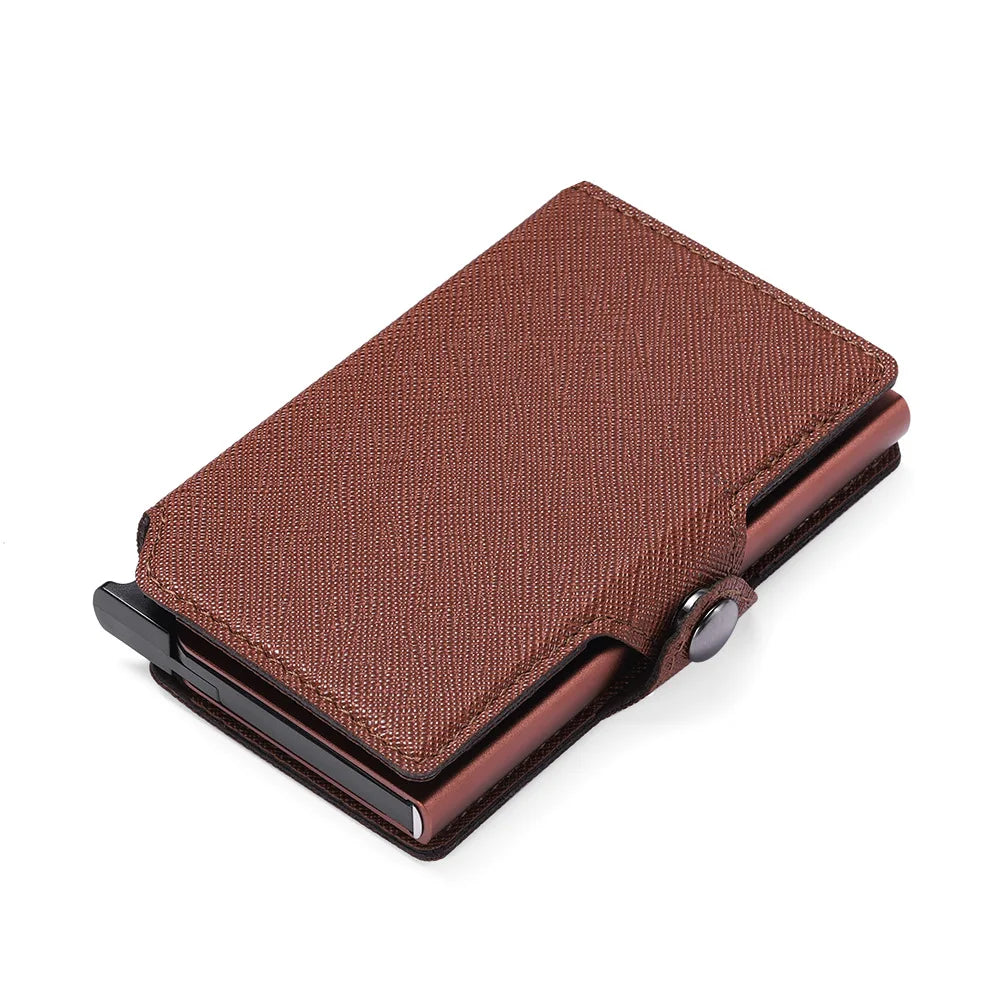 RFID Business Credit Card Holder Men Multifunction Automatic Aluminium Alloy Leather Cards Case Mini Wallet Slim Coin Purse