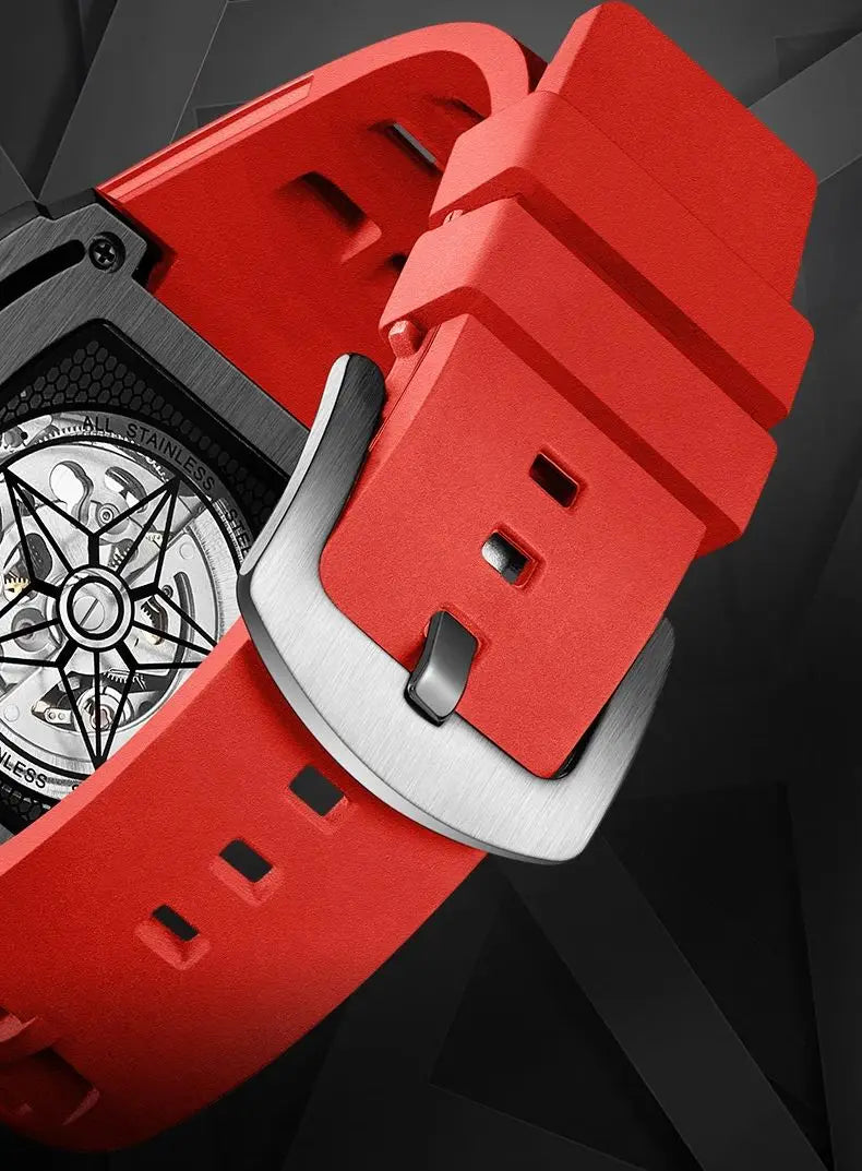 2025 Fashion Skeleton Automatic Watch Men Sports Silicone Strap Tonneau Red Wristwatch Man Luxury Mechanical Clocks Reloj Hombre