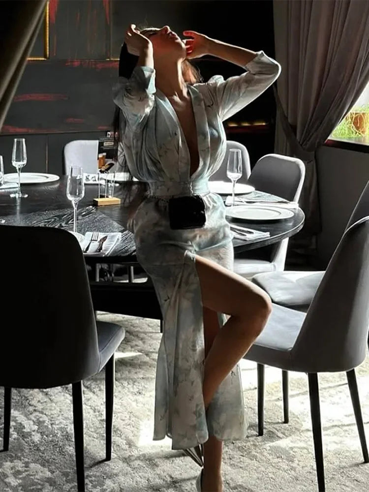 Print Long Dress For Women Deep V-neck Puff Sleeve Single Breasted Front Split Robes 2025 Summer Elegant Female Party Dresses