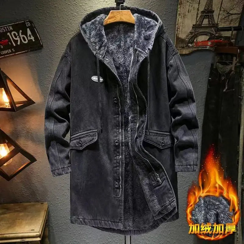 Winter Men's Long Jeans Jacket Fleece Lined Thick Thermal Cargo Denim Windbreaker Hooded Loose Fit Coat Outerwear For Male 5XL