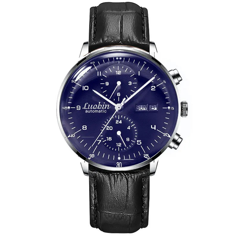 Mens Business Watch Mechanical Movement Multifunction Chronograph Stainless Steel Waterproof Automatic Calendar Sapphire