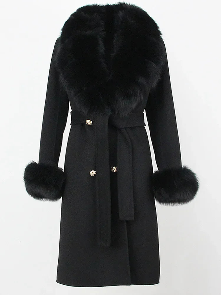 2024 Winter Jacket Women Long Natural Wool Blends Cashmere Real Fur Coat Double Breasted Belt Warm Wool Streetwear New Fashion