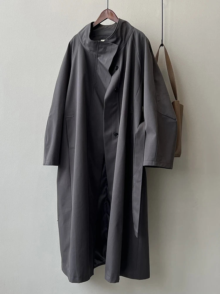 FANAN Office Lady Belt Gathered Waist Trench Women's Stand Neck Single Breasted Fashion Windbreaker Female Coats 2025 Spring New
