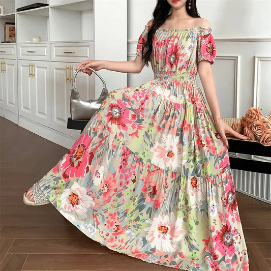 Cotton Silk floral Short sleeved Dress Beach vacation Big swing Dress New Summer 2025 Printed One neck Long Dresses