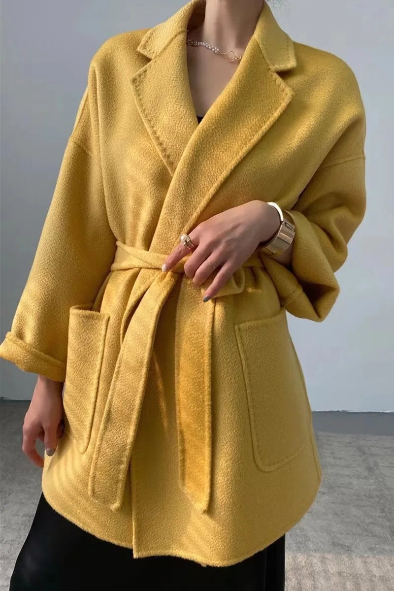 2024 Winter Casual Adjustable Waist Wool Coat Women  Water Ripples Woolen Coat Jackets female New Autumn Camel Coat Commuting