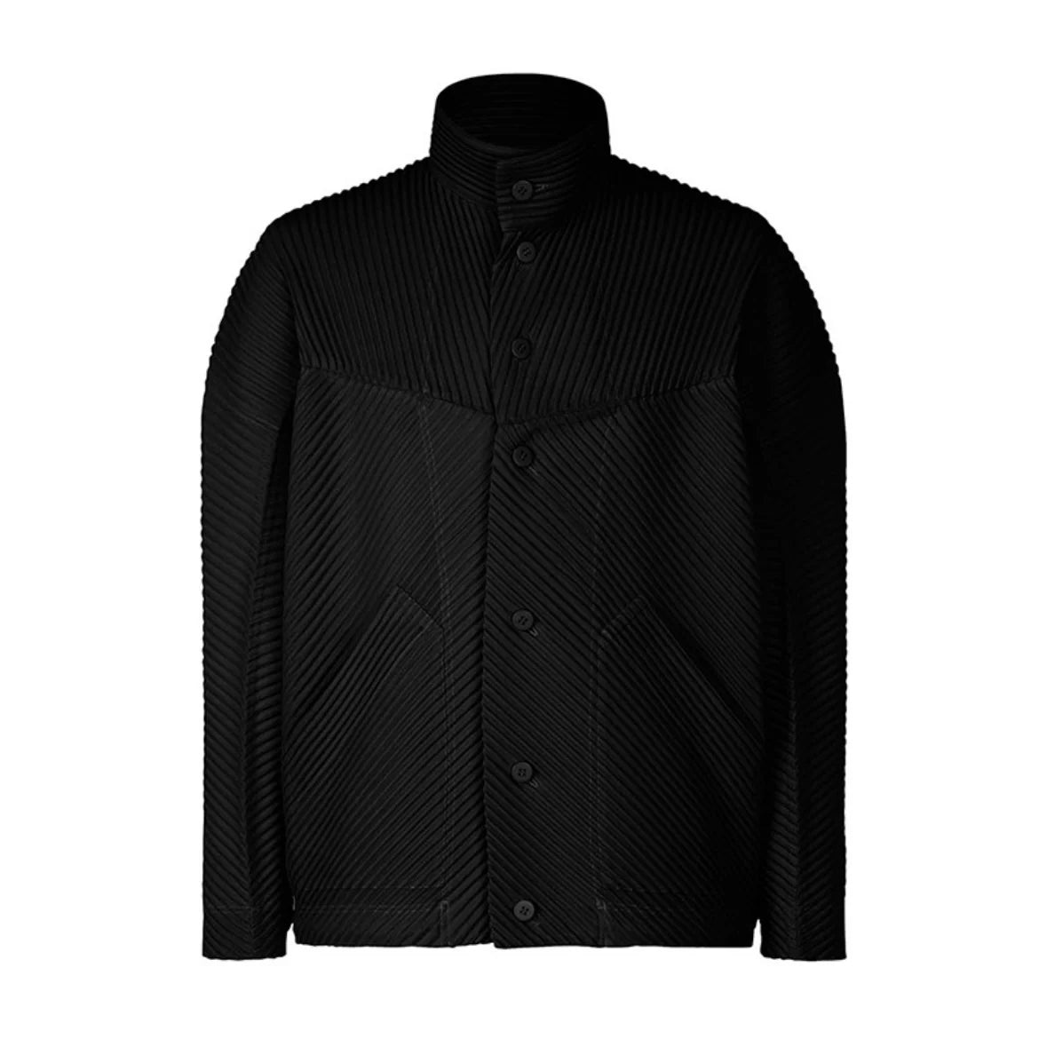Miyake Pleated Standing Neck Splice Designer Jacket Men's Loose Relaxed Long Sleeve Shirt Coat JC110
