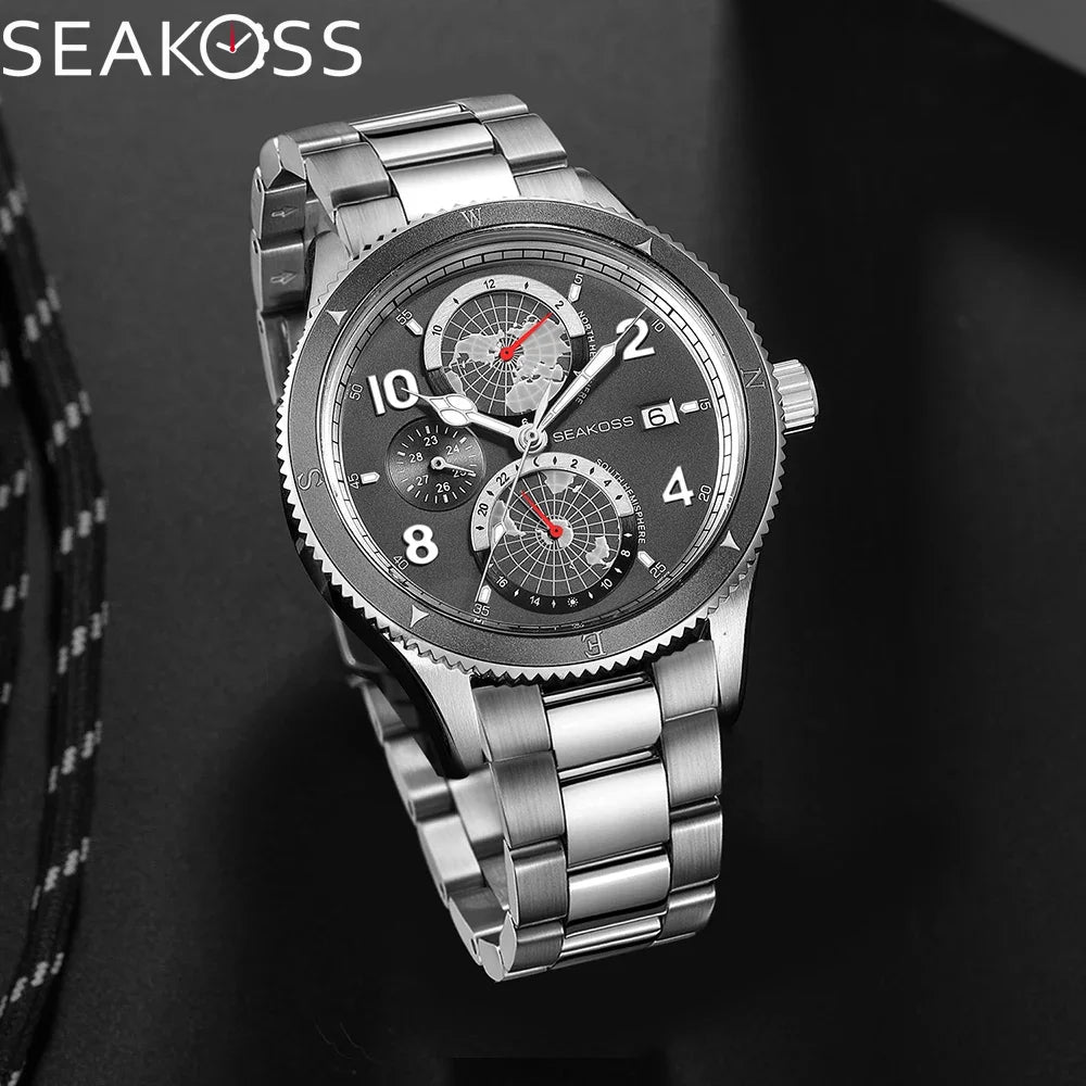SEAKOSS 100m Diving Mens Earth Automatic Mechanical Watches Super Luminous Sapphire Wristwatches Calendar 24Hours Display Clocks