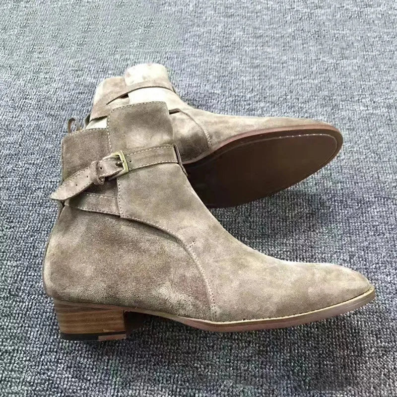Buckle Men Chelsea Boots Handmade High-quality Cow Suede Khaki Fashion Winter Business Casual Mid-heel Ankle Men Shoes Boots