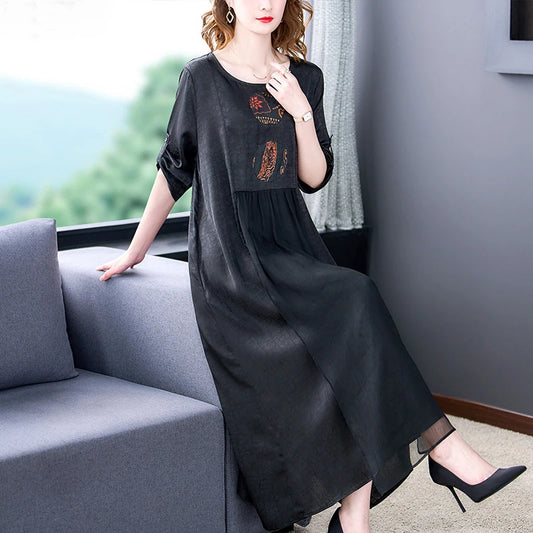 Women Black Print Natural Silk Maxi Dress Spring Summer Elegant Loose Waist Dress 2024 Korean Vintage Hepburn Evening Dresses