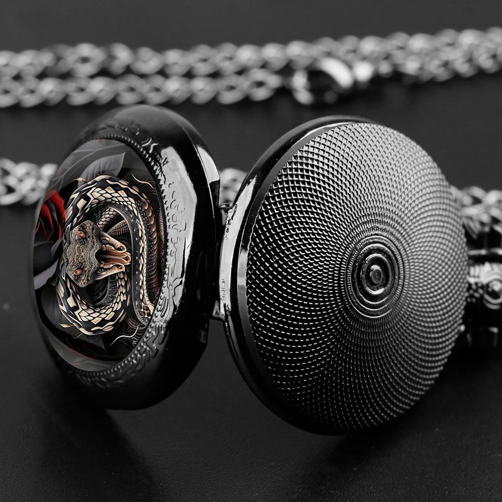 Furious Snake Inspired Design Black Quartz Pocket Watch with Durable Chain Arabic Numeral Time Display for Men and Women Gifts