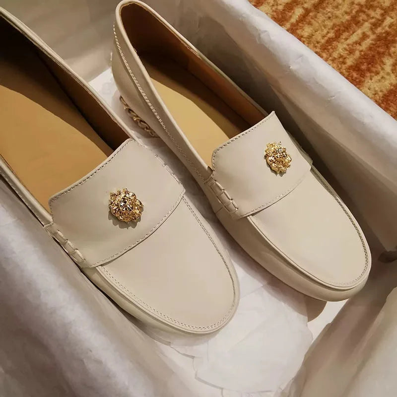 Spring Autumn Women's Loafers Round Toe Women Shoes Lace-Up Genuine Leather Thick Bottom Leather Loafers Shoes For Woman35-41