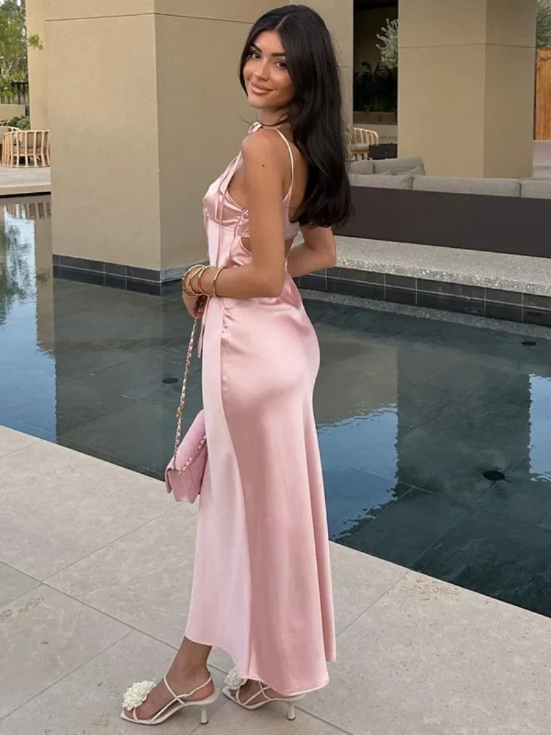 Woman Clothes V-neck Lace-up Backless Pink Holiday Dress Elegant Bandage Hollow Out Solid Long Party Evening Dresses Streetwear