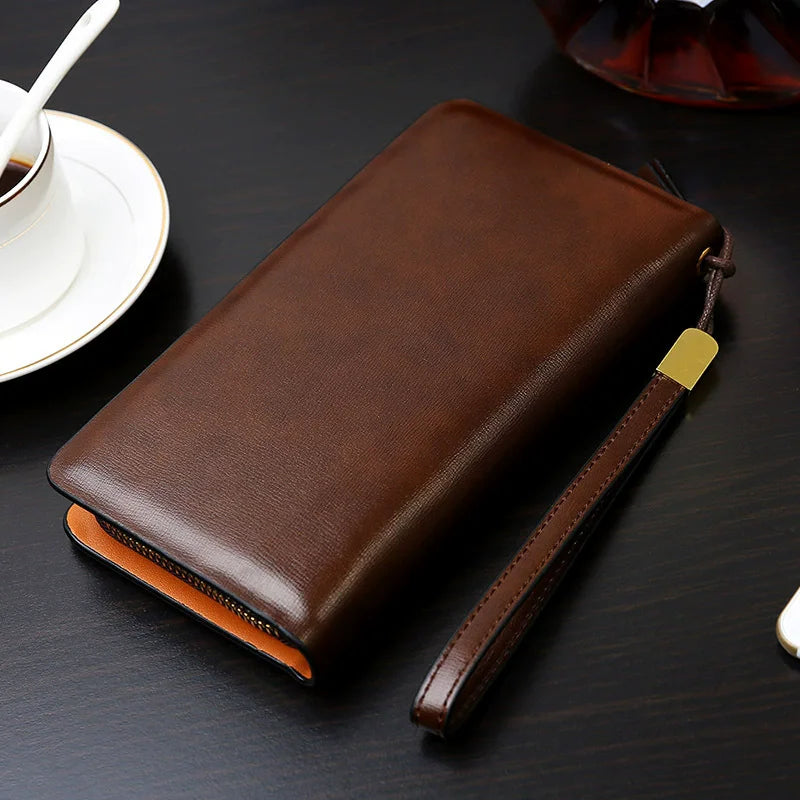 Luxury Brand Men Clutch Bag Leather Long Purse Double Zipper Business Wallet For Husband Gift Black Brown Male Casual Handy Bag