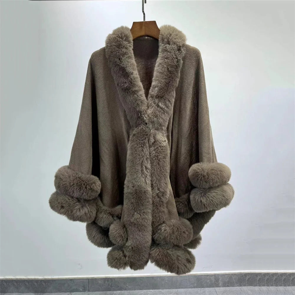 Women's Thick Warm Cashmere Poncho Capes, 2 Circle Faux Fur Collar, Big Pendulum Shawl, Overcoat Loose Cloak, Winter