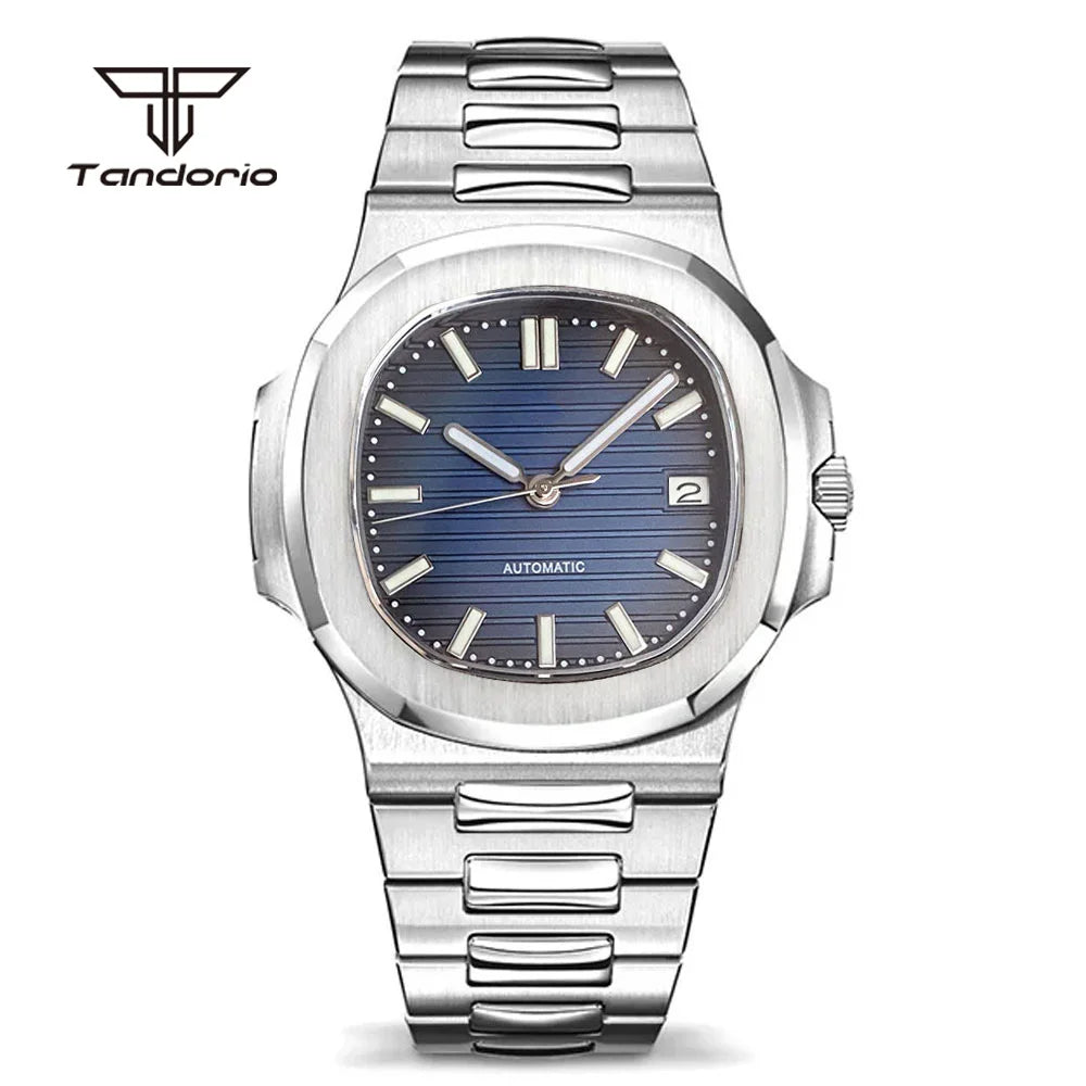 Tandorio Square 40mm Men's Stainless Steel NH35 Automatic Watch Multicolor Dial Sapphire Date Brushed Mechanical Wristwatch Lume