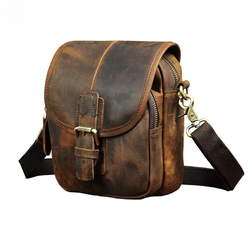 Men Genuine Crazy Horse Leather Waist Pack 7-Inch Vintage Outdoor Hip Bag with Hook Phone Camera Pouch Male Crossbody Bags