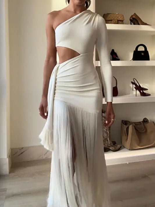 Women Sexy Hollow Out Maxi Dress Diagonal Collar One Shoulder Tassel Solid Patchwork Dress Chic Lady Bodycon Slim Fit Dresses