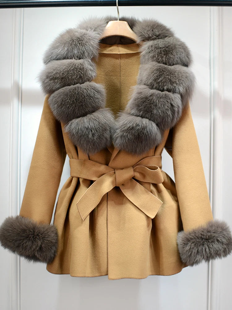2025 Fashion Winter Real Fox Fur Collar Cuff Cashmere Wool Coat Women Suit Collar Warm Loose Mid Length Belted Wool Coat Blends