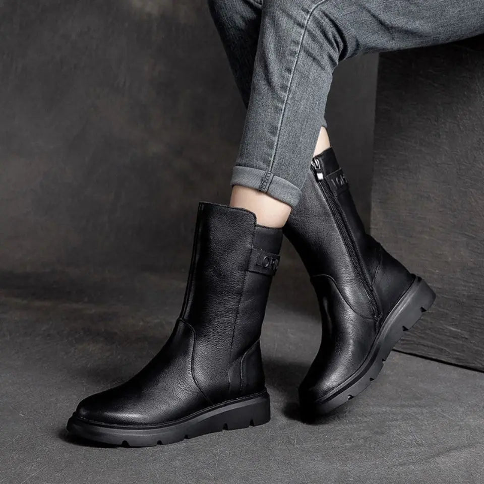 Footwear Mid Calf Women's Boots Wedge Heel Biker Shoes For Woman Half High Leather Brown Fashion 2024 On Offer Korean Style Y2k