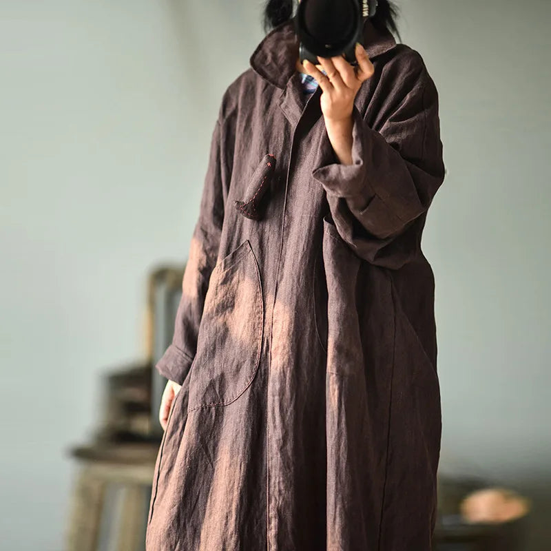 Johnature Cotton Linen Loose  Buttonless Cardigan Windbreaker 2025 Autumn Winter New Retro Patchwork Pocket Women Coat