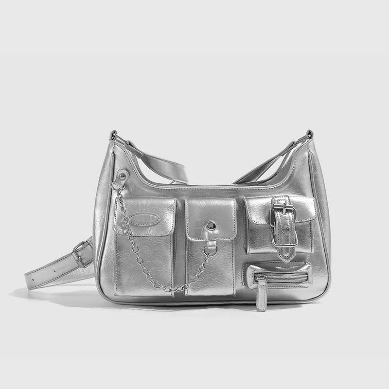 Xiuya Y2k Moto Biker Handbags for Women 2023 Gothic Fashion High Street Shoulder Bag Black Patent Leather Casual Coin Purse