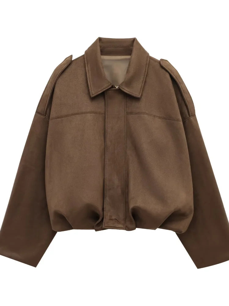 Chic Women's Green Suede Jacke Fashion Loose Long Sleeve Laple Zipper Bomber Jackets 2025 Spring New Ladies High Street Clothing