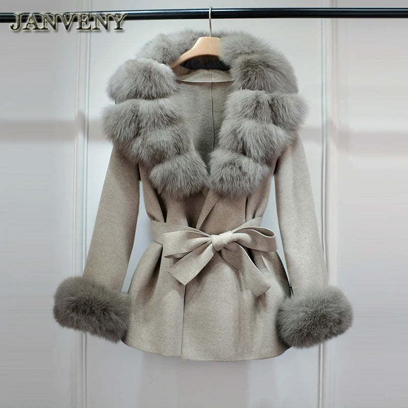 2025 Fashion Winter Real Fox Fur Collar Cuff Cashmere Wool Coat Women Suit Collar Warm Loose Mid Length Belted Wool Coat Blends