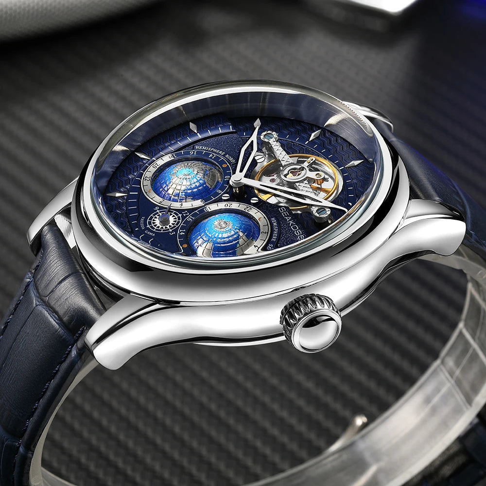 SEAKOSS 3D Double Earth Rotating Automatic Movement Mechanical Watch for Men 1963 Flywheel Wristwatches 5Bar Waterproof Clock